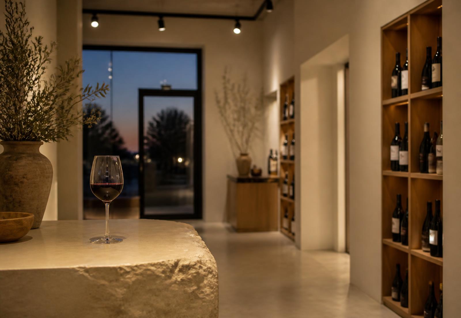 Ambiente da Vineria 14 com taça de vinho e prateleiras de garrafas